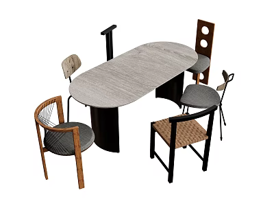 Modern Dining Table And Chair Set With Oval Wooden Top Woven Seats And Black Legs 3d model