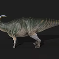 Realistic 3D Crested Dinosaur With Green Brown Stripes Standing On Black Background