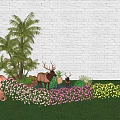 Lush Flowering Shrubs With Clay Pot Deer Statues And Colorful Blooms On Green Grass Lawn