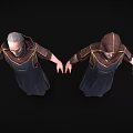 Elderly Game Character In Dark Robe With Hooded And Unhooded Outfits