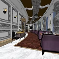 Elegant Restaurant Interior With Ornate Wall Decor Purple Sofas Patterned Floor Tiles And Chandeliers 3d model