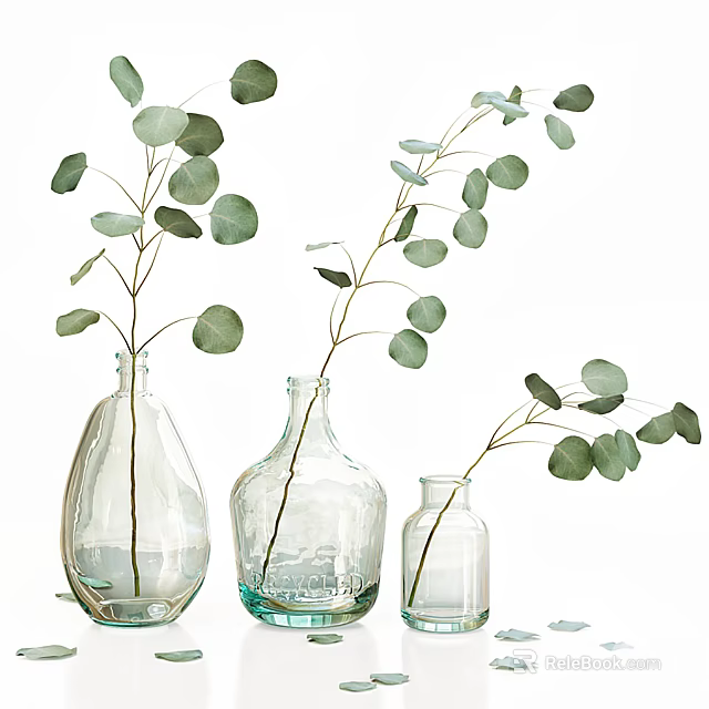 Transparent Glass Vases In Different Sizes With Green Leaf Branches Decorative Design 3d model 