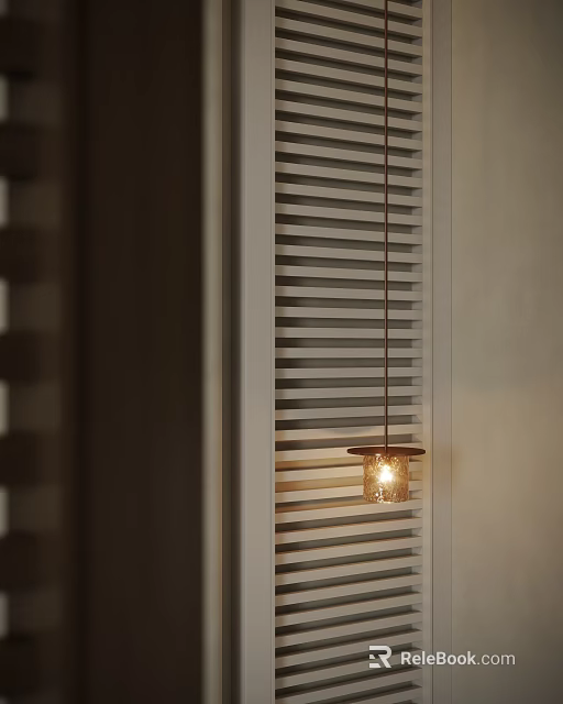 Glass Pendant Light Emitting Warm Glow Beside White Window Blinds in Interior 3d model 