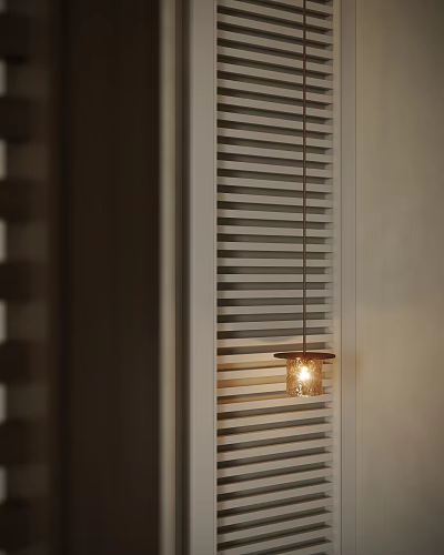 Glass Pendant Light Emitting Warm Glow Beside White Window Blinds in Interior 3d model