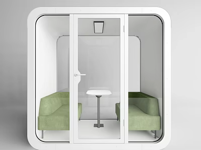Green Public Chairs in White Square Enclosure with Glass Doors and Small Table Indoor 3d model
