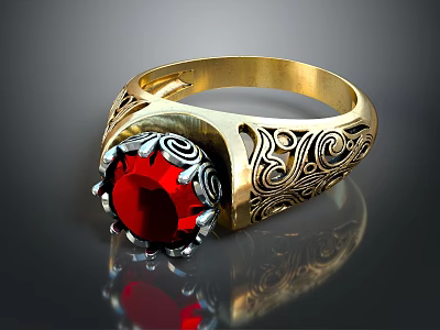 Elegant Gold Ring With Red Gemstone And Intricate Engraved Patterns Design 3d model