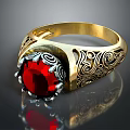 Elegant Gold Ring With Red Gemstone And Intricate Engraved Patterns Design 3d model