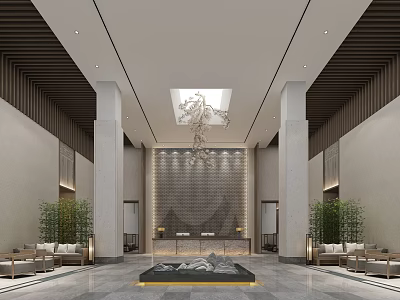 Luxurious Hotel Lobby Interior With Chandelier Reception Desk Seating Area And Green Plants 3d model