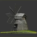 Traditional Wooden Windmill with Thatched Roof and Classic Wooden Structure on Green Grass Base