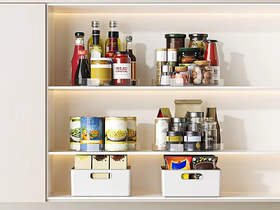 Organized Kitchen Cabinets With Shelves Holding Bottles Jars Cans And Storage Boxes 3d model