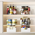 Organized Kitchen Cabinets With Shelves Holding Bottles Jars Cans And Storage Boxes