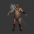 Shirtless Muscular Warrior Man Standing With Leather Armor And Sword On Gray Background