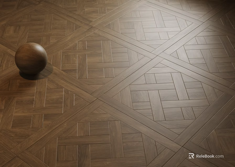Dark Brown Patterned Wooden Floor With Geometric Design And Decorative Sphere 3d model 