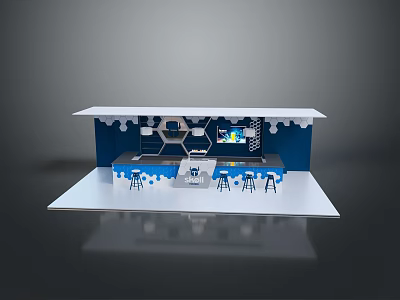 Scenery of Modern Exhibition Booth With White Countertop Blue Background And Cloud Like Decorations 3d model