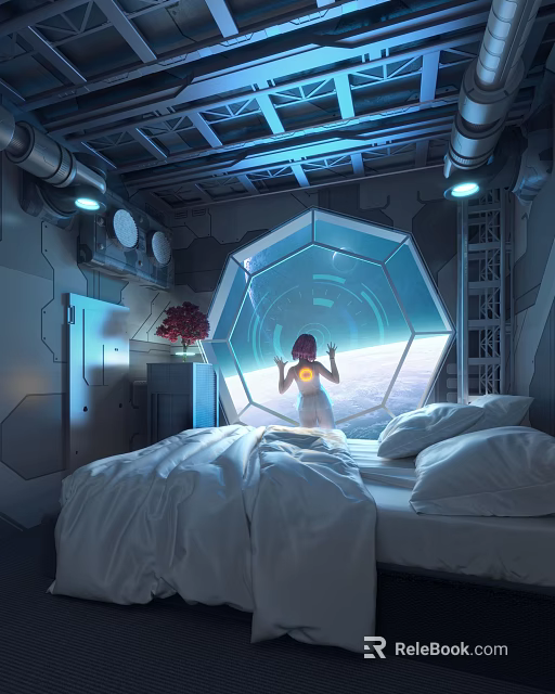 Sci Fi Room Interior With Octagonal Window Space View Girl Glowing Chest And Bed 3d model 