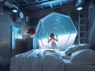 Sci Fi Room Interior With Octagonal Window Space View Girl Glowing Chest And Bed 3d model
