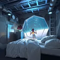 Sci Fi Room Interior With Octagonal Window Space View Girl Glowing Chest And Bed 3d model