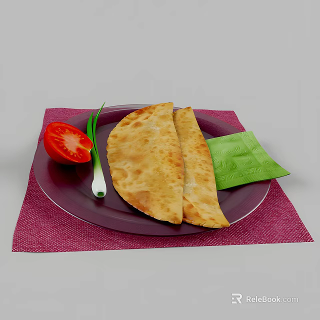 Crispy Flatbread Slices on Purple Plate with Sliced Tomato Green Onion Green Napkin Red Placemat 3d model 