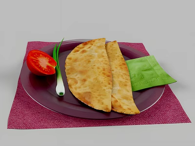 Crispy Flatbread Slices on Purple Plate with Sliced Tomato Green Onion Green Napkin Red Placemat 3d model