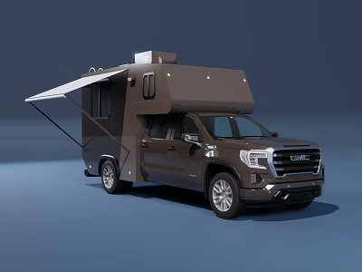 Brown Pickup Truck Camper With Pop Up Roof And Extended Awning For Outdoor Camping Adventures 3d model