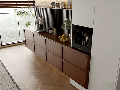 Modern Wooden Wine Cabinet Interior Design With Bottles Fruit And Green Plants 3d model