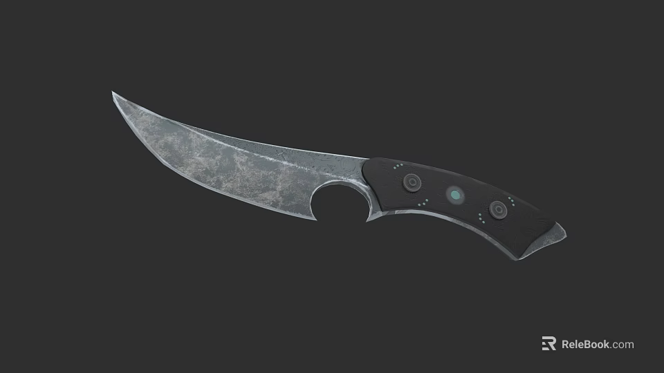 Tactical Hunting Knife Featuring Curved Metal Blade Black Handle And Circular Accents 3d model 