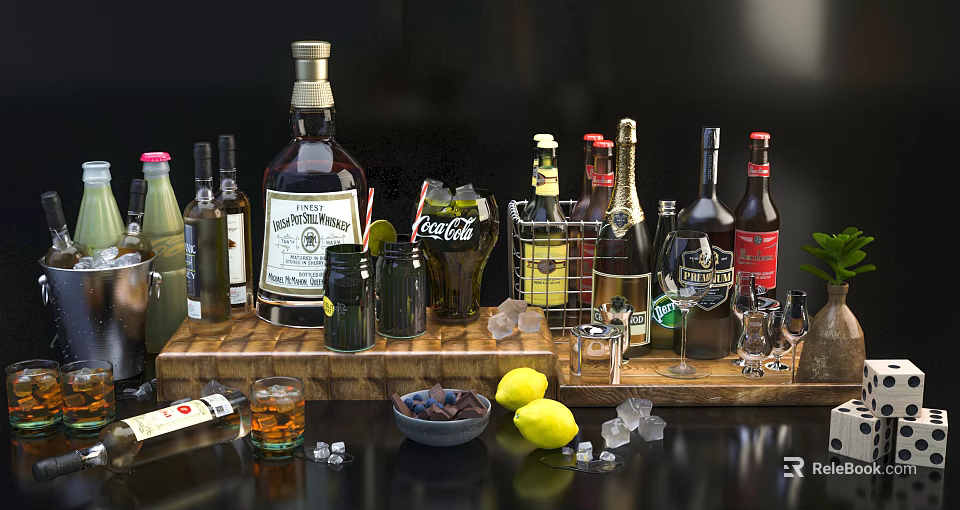 Assorted Wine Bottles and Glasses with Ice Cubes Lemons and Wooden Tray 3d model 