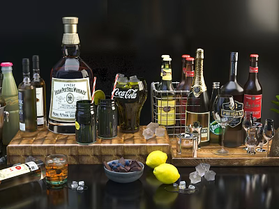 Assorted Wine Bottles and Glasses with Ice Cubes Lemons and Wooden Tray 3d model