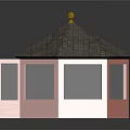 Wooden Gazebo Structure With Gray Roof Golden Finial Open Door And Glass Windows