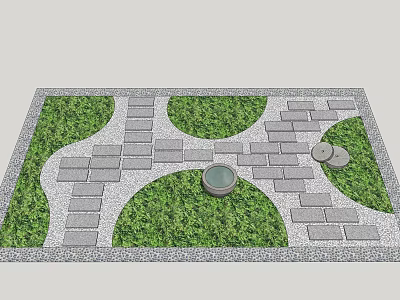 Creative Garden Ornament Design with Stone Paved Path Green Grass Lawn and Circular Sections 3d model