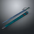Fantasy Warrior Character And Mythical Creature With Silver Sword Turquoise Scabbard Red Accents