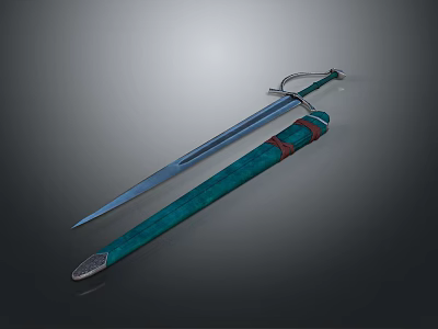 Fantasy Warrior Character And Mythical Creature With Silver Sword Turquoise Scabbard Red Accents 3d model
