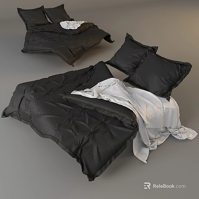 Modern Cozy Double Bed With Black Comforter Pillows And White Blanket 3d model 