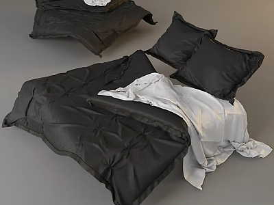 Modern Cozy Double Bed With Black Comforter Pillows And White Blanket 3d model