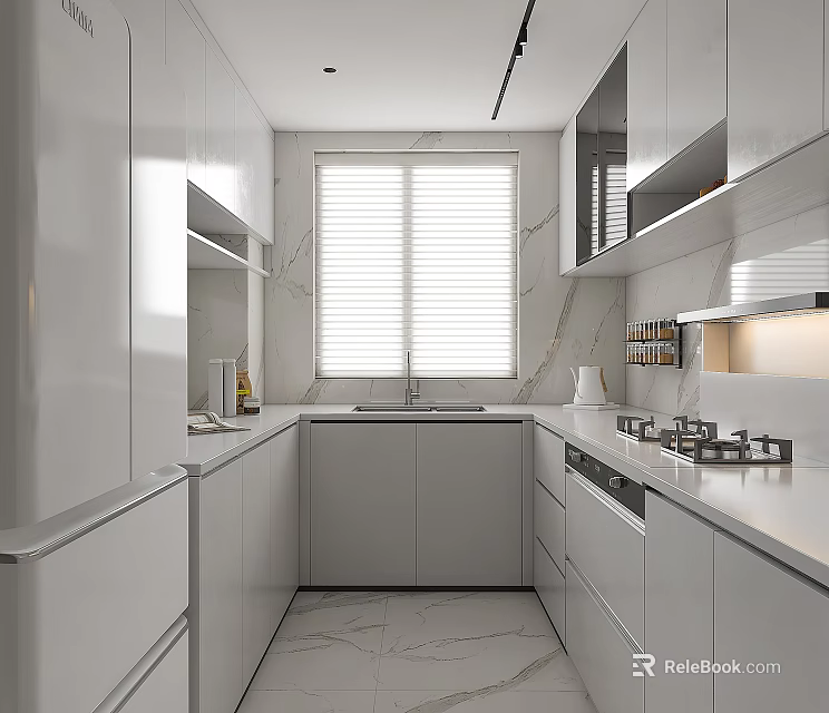 Modern Kitchen Interior With White Cabinets Marble Counter And Window Blinds 3d model 