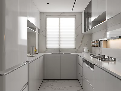 Modern Kitchen Interior With White Cabinets Marble Counter And Window Blinds 3d model
