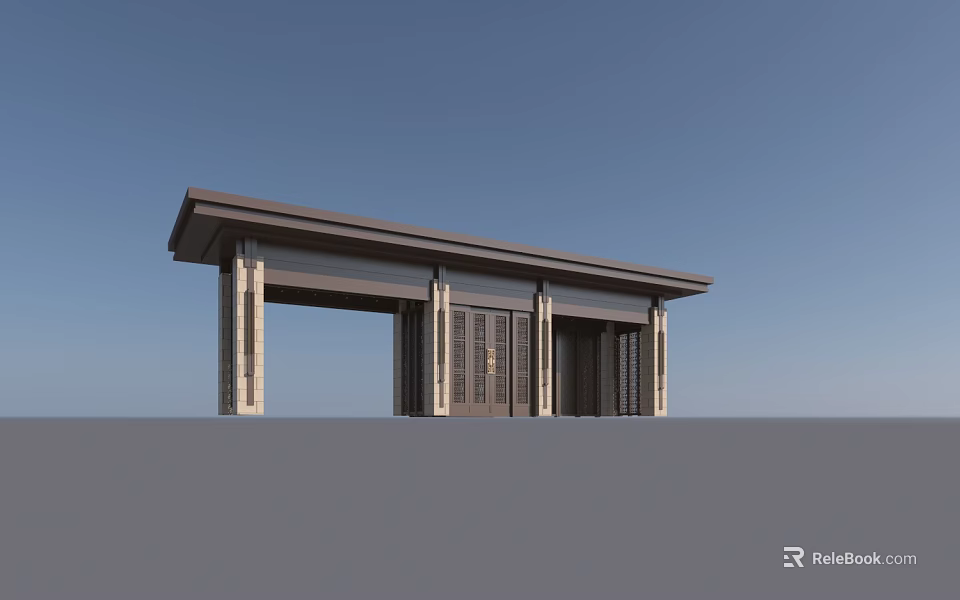 Modern Chinese Entrance Gate Design with Stone Columns and Carved Doors Portico 3d model 