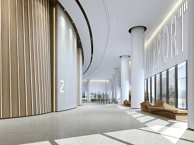 Modern Airport Lobby Interior With Wooden Walls Columns And Seating Areas 3d model