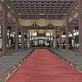 Traditional East Asian Shrine Main Hall Interior With Red Carpet Wooden Columns And Lattice Ceiling
