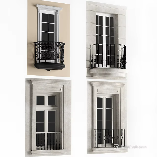 Casement Windows With Various Styles Balcony Railings And Stone Frame Designs 3d model 
