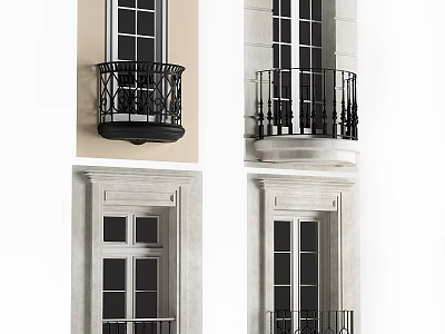 Casement Windows With Various Styles Balcony Railings And Stone Frame Designs 3d model