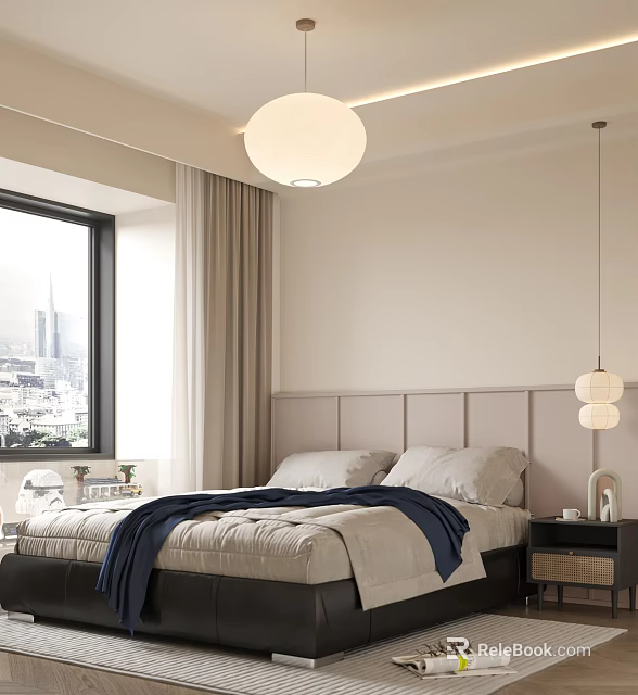 Modern Bedroom Interior With Upholstered Headboard Window City View Round Pendant Light And Hanging Lamp 3d model 
