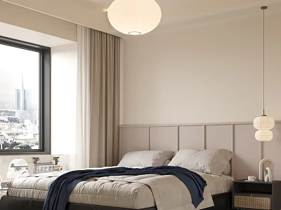 Modern Bedroom Interior With Upholstered Headboard Window City View Round Pendant Light And Hanging Lamp 3d model