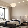 Modern Bedroom Interior With Upholstered Headboard Window City View Round Pendant Light And Hanging Lamp