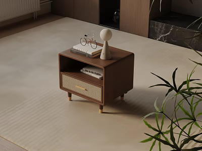 Modern Walnut Nightstand With Rattan Detail Books Glasses And Ornament On Top 3d model