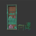 Classic Brown Wooden Bookshelf With Small Table And Green Armchair Books And Pink Boxes