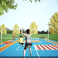 People Playing Badminton On Outdoor Colorful Sports Court For Fitness Sunny Day With Trees