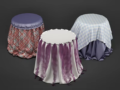Fabric Covered Stools With Various Colorful Patterns And Fringe Accents 3d model