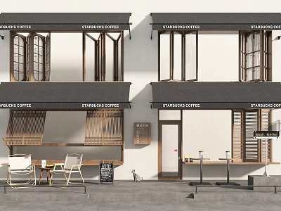 Modern Coffee Shop Exterior With Wooden Awnings Signage And Outdoor Seating 3d model