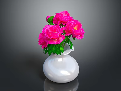 Beautiful Fresh Pink Roses with Green Leaves in White Decorative Vase 3d model